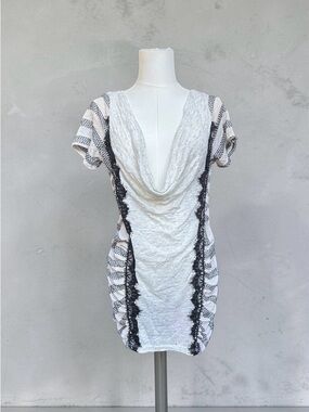 White Cowl Neck Mini Dress with Black Lace Trim